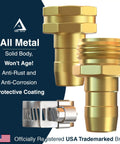 Heavy Duty Garden Hose Repair Kit For Five Eighths And Three Quarters Inch Hoses Leak Proof Metal Mender And Connector Set With Male And Female Fittings For Fixing Hose Ends Two Pack, showing gold metal connectors and clamp in packaging.
