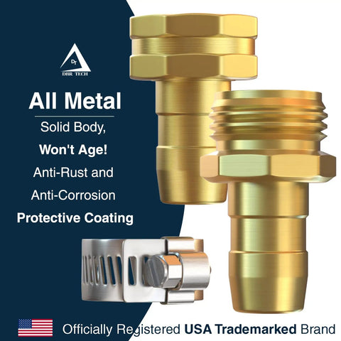 Heavy Duty Garden Hose Repair Kit For Five Eighths And Three Quarters Inch Hoses Leak Proof Metal Mender And Connector Set With Male And Female Fittings For Fixing Hose Ends Two Pack, showing gold metal connectors and clamp in packaging.