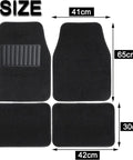 Custom Molded 4 Piece Floor Mats For Tesla Cybertruck 2025 2026 showing sizes: front mats 41cm x 65cm and rear mats 42cm x 30cm