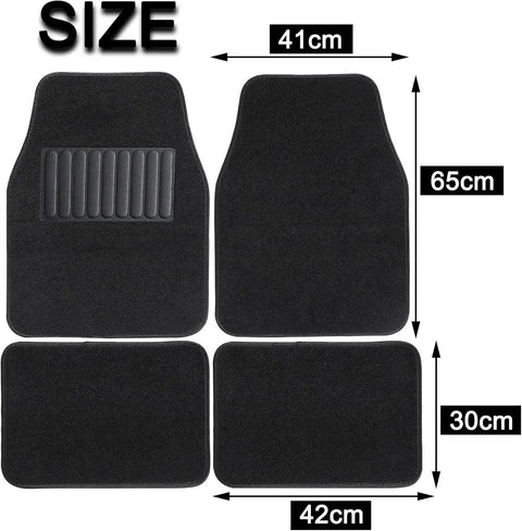Custom Molded 4 Piece Floor Mats For Tesla Cybertruck 2025 2026 showing sizes: front mats 41cm x 65cm and rear mats 42cm x 30cm