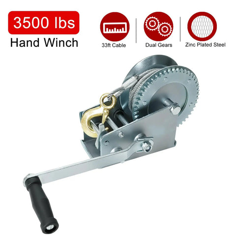 Beefy 3500 Lb Hand Winch With 33 Foot Cable Hardened Steel Dual Gear Manual Crank Winch For ATV RV Boat Trailer Truck Marine Use With Hook Built To Tackle Tough Lifts