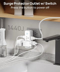 Real Deal Six Port Outlet Extender Surge Protector With Manual Switch And 360 Swivel Head on kitchen counter, showing plugged devices.