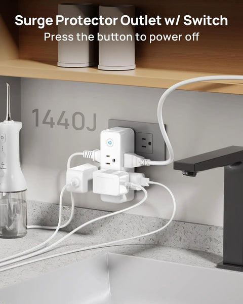 Real Deal Six Port Outlet Extender Surge Protector With Manual Switch And 360 Swivel Head on kitchen counter, showing plugged devices.