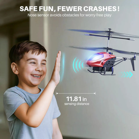 Boy playing with Remote Control RC Helicopter With 40 Minute Flight Time And Dual Batteries, Auto Obstacle Avoidance indoors