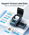 M2 300 Dpi Thermal Transfer Label Maker For Waterproof Barcodes And QR Codes Built Different With Crisp Graphics showing label sizes from 1-2 inch.