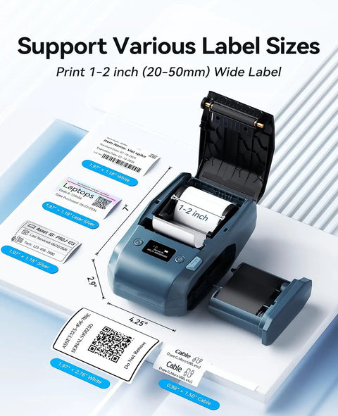M2 300 Dpi Thermal Transfer Label Maker For Waterproof Barcodes And QR Codes Built Different With Crisp Graphics showing label sizes from 1-2 inch.