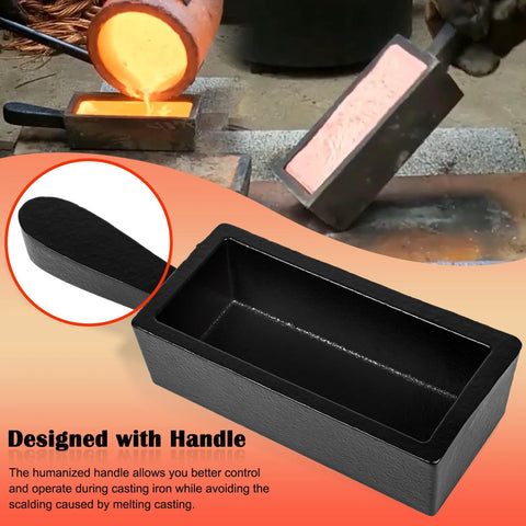 Front view of black cast-iron rectangular loaf ingot mold with handle for melting and casting metals