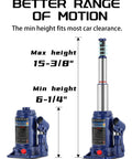 Workhorse Double Ram Bottle Jack 4 Ton Portable Hydraulic Jack With Case Extended Six And A Quarter Inch To Fifteen And Three Eighths Inch Lift Range Three Stage Stroke For Extra Reach Heavy Duty Auto Repair Tool For Garage Or Roadside showing lift range from 6-1/4 to 15-3/8 inches.