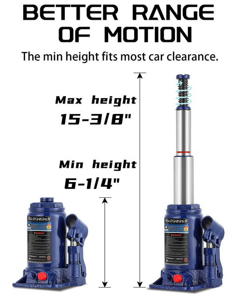Workhorse Double Ram Bottle Jack 4 Ton Portable Hydraulic Jack With Case Extended Six And A Quarter Inch To Fifteen And Three Eighths Inch Lift Range Three Stage Stroke For Extra Reach Heavy Duty Auto Repair Tool For Garage Or Roadside showing lift range from 6-1/4 to 15-3/8 inches.