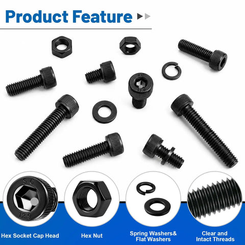 Top Shelf 190PC M6 Hex Socket Head Cap Screw And Nut Assortment Kit With Washers showing screws, nuts, and washers in black alloy steel.