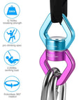 Beefy Safety Rotational Swivel With Aluminum Alloy Double Ball Bearings, Holds Over 8500 Pounds, 360 Degree Spin For Smooth Rope Climbing, Hiking And Workouts, Attaches Up To Three Carabiners, Prevents Rope Twist And Kinking. Aluminum swivel with two carabiners and 30KN load icons.