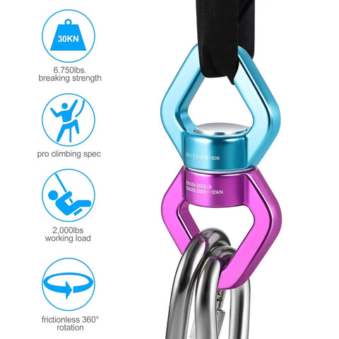Beefy Safety Rotational Swivel With Aluminum Alloy Double Ball Bearings, Holds Over 8500 Pounds, 360 Degree Spin For Smooth Rope Climbing, Hiking And Workouts, Attaches Up To Three Carabiners, Prevents Rope Twist And Kinking. Aluminum swivel with two carabiners and 30KN load icons.