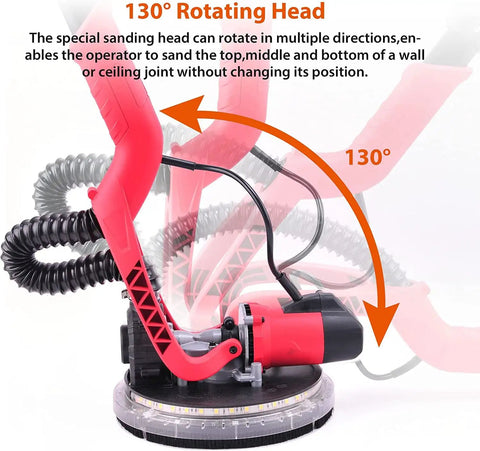 Electric Drywall Sander With Vacuum And LED Lights 750W, showing 130° rotatable head and hose attachments, side view