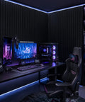 Premium Soundproof Acoustic Panels For Home Studios And Home Offices High Density Fireproof Noise Canceling Foam Wall Tiles In Classic Black Easy Mount Setup used in a stylish gaming setup.