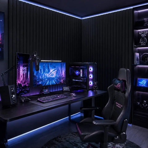Premium Soundproof Acoustic Panels For Home Studios And Home Offices High Density Fireproof Noise Canceling Foam Wall Tiles In Classic Black Easy Mount Setup used in a stylish gaming setup.