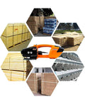 Heavy Duty Rechargeable Electric Strapping Machine Featuring Automatic Tensioner And Fast Hot Melt Sealing Built For Hella Tough PP And PET Banding Logistics on stacked pallets.
