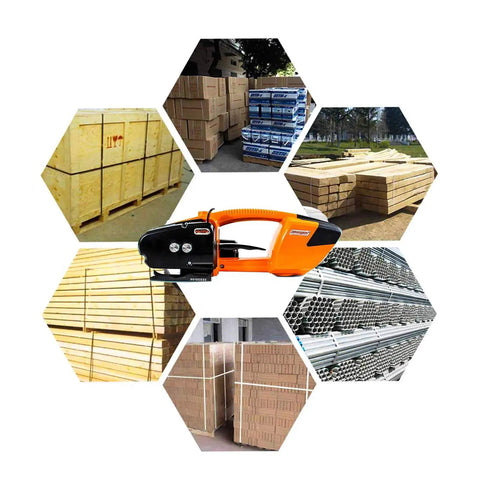 Heavy Duty Rechargeable Electric Strapping Machine Featuring Automatic Tensioner And Fast Hot Melt Sealing Built For Hella Tough PP And PET Banding Logistics on stacked pallets.