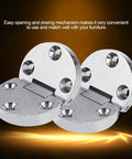 Front view of 2 silver zinc-alloy flap hinges for folding tables, oval shape, 10 kg max load.