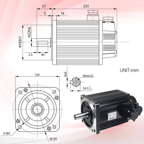 Technical diagram of Beefy Three Point Eight Kilowatt 220V Servo Motor Kit With Driver for CNC engravers with detailed dimensions.