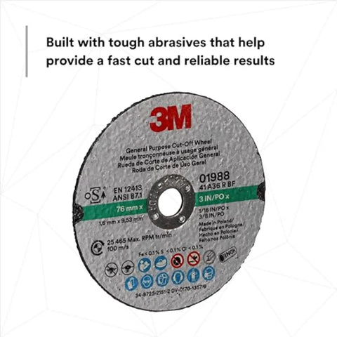 General Purpose Cut Off Wheel 3 In 1/16 In By 3/8 In Resin Bonded with text about fast cutting and reliability on packaging