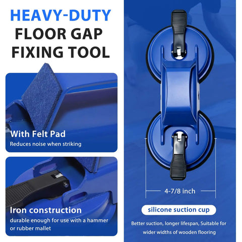 Close-up of Heavy Duty Floor Gap Fixer Tool Sporting Dual Suction Cups And A Forty Five Degree Hammer Face with felt pad.