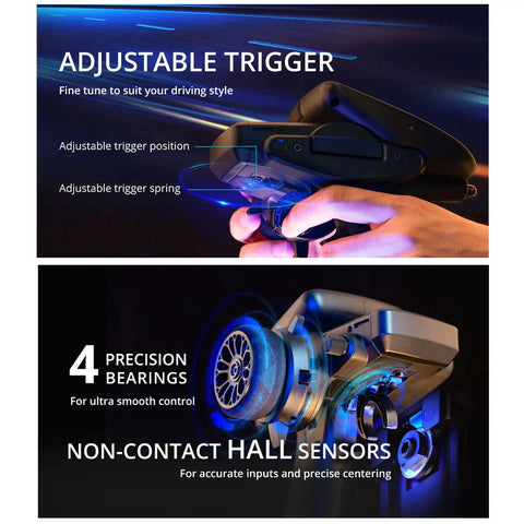 Close-up of MT12 Surface Radio Controller showing adjustable trigger and precision bearings for RC cars and boats 2 4G use.