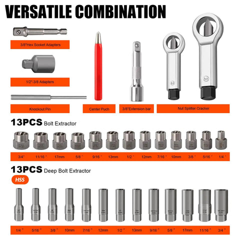 72 Piece Bolt Extractor Kit With Left Hand Drill Bits For Damaged Rusted Rounded Off Bolts Nuts And Screws Lug Nut Removal Tool Easy Out Screw Extractor Set showcasing various components including bolt extractors and adapters.