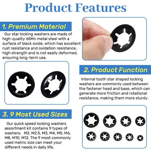 Ultimate 630Pcs Quick Lock Internal Tooth Star Washers Set in 65Mn Steel with Features and Specifications Details