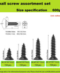 Diagram showing Six Hundred Pieces M3 Black Wood Screws Set Handy Short Lengths 6mm 8mm 10mm 12mm with sizes and quantities