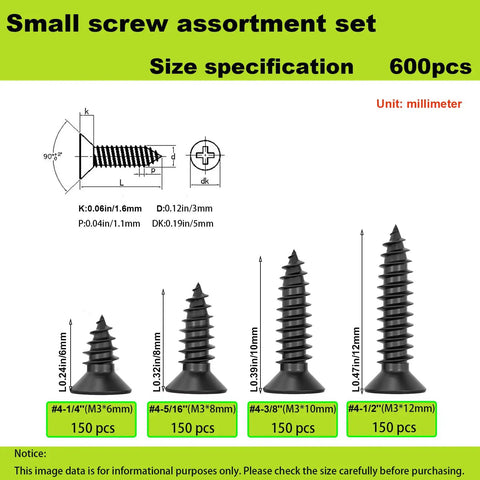Diagram showing Six Hundred Pieces M3 Black Wood Screws Set Handy Short Lengths 6mm 8mm 10mm 12mm with sizes and quantities