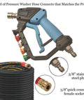 Beefed Up 5000 PSI Pressure Washer Gun With 360 Degree Swivel And Five Quick Connect Nozzles, shown with hose and connectors