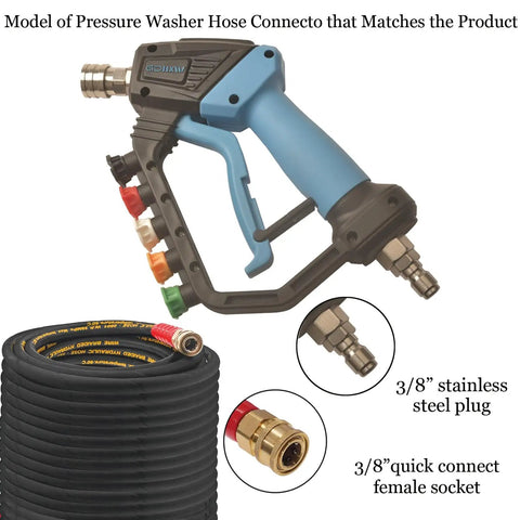 Beefed Up 5000 PSI Pressure Washer Gun With 360 Degree Swivel And Five Quick Connect Nozzles, shown with hose and connectors