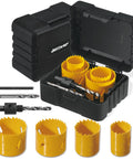 Bi-Metal Hole Saw Kit 7-Piece Set with Mandrels and Bits for metal wood PVC in durable case, showing yellow blades and accessories