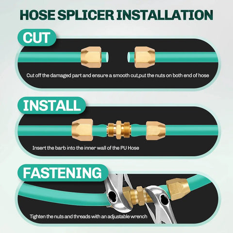 Beefed Up Solid Brass Air Hose Splicer Repair Kit For One Quarter Inch ID Hoses installation guide with cut, install, and fastening steps