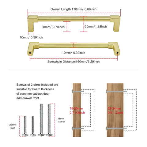 10 Pack Classic Solid Cabinet Handles 6.3 Inch 160mm Screw Spacing Brushed Gold Dope Furniture Hardware Pulls For Bathroom Dresser Kitchen Cabinets Bedroom dimensions and screws diagram