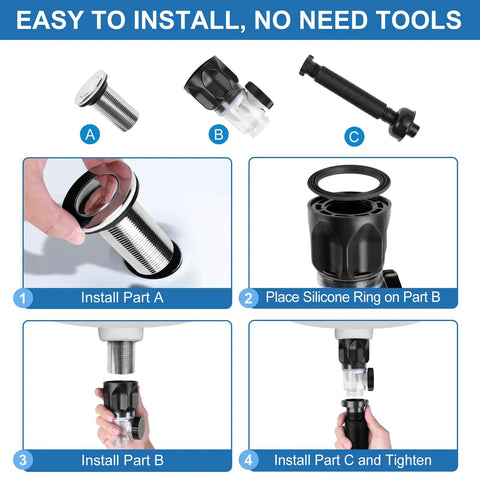 Installation steps of Flex Drain Bathroom Sink Kit With Expandable P Trap And Snappy Stopper No Sweat Anti Clog Stainless Drain Easy Install Universal Fit For One And A Quarter Inch And One And A Half Inch Openings RV Friendly