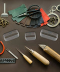 Leather Die Punch Cutter Set In Steel With Hollow Punch Tools, 8 Piece Kit and Crafting Supplies on Table
