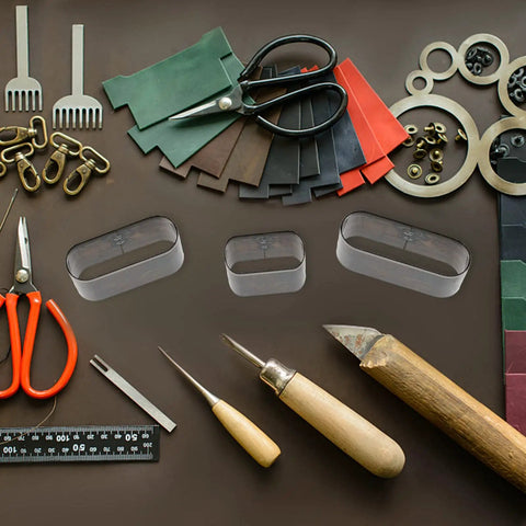 Leather Die Punch Cutter Set In Steel With Hollow Punch Tools, 8 Piece Kit and Crafting Supplies on Table