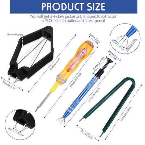 4 Piece IC Chip Remover Set With 4 Claw PLCC Puller And Keyboard Switch Test Pencil Anti Rust Metal Grabber Tool Kit sizes
