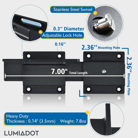 Heavy Duty Aluminum Gate Latch With Padlock Hole, 7-inch CNC Machined, Rustproof, Adjustable 3.5mm, for outdoor gates.