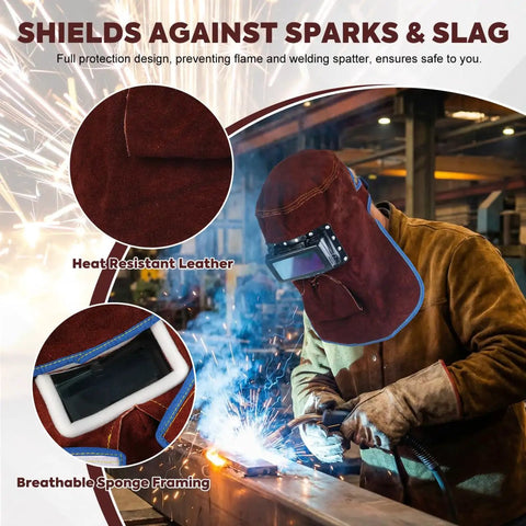 Welding Helmet Mask With Flip Open Lens Leather Welding Hood And Protective Gear For Face Neck And Head Sweat Absorption