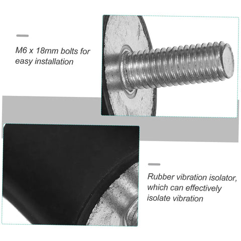 Four Piece Vibration Isolation Mount Kit For Fitness Gear Quiet Shock Absorbers Easy Install Rubber Isolators To Cut Noise And Vibration Stable Heavy Duty Mounts For Home Gym Air Equipment, M6 x 18mm bolt close-up