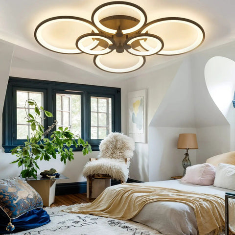 33.3 Inch Dimmable LED Ceiling Light With Six Ring Flush Mount And Acrylic Lampshade In Black in modern bedroom setting