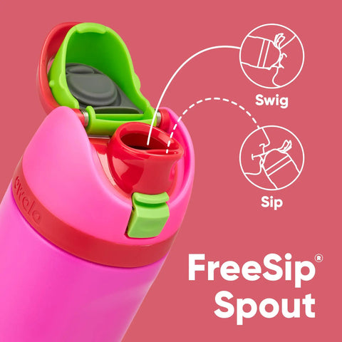 Kid Sized Insulated Stainless Steel Water Bottle With FreeSip Spout, 16 Oz, BPA Free, open lid showing Sip and Swig options