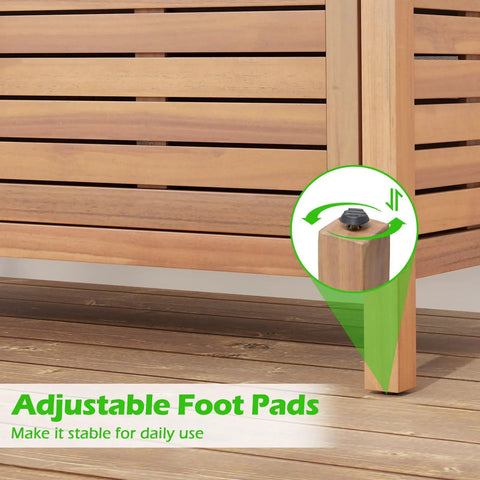 Adjustable foot pads on Outdoor Patio Storage Cabinet With Faux Marble Top Two Door Acacia Wood Console Sideboard for stability