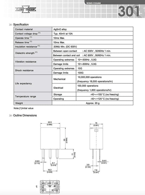 Technical specifications and dimensions sheet for Ultra Micro ISO 12V Automotive Relay Pack Four Pack With Five Pin SPST Form A High Temp 125 C.