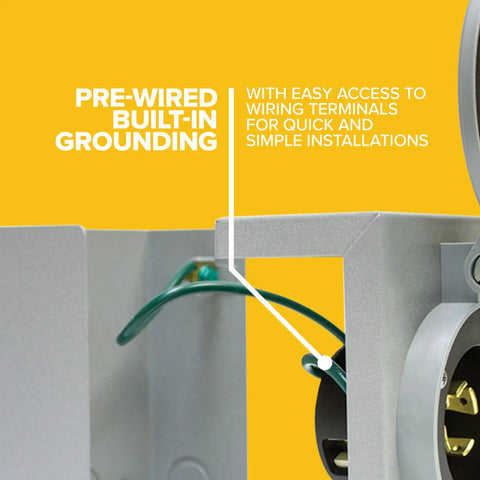 Close-up of pre-wired built-in grounding in 30 Amp NEMA 3R Generator Power Inlet Box For Outdoor Use, showing wiring terminals.