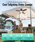 20 Inch Portable Ceiling Fan With Bright Led Light And Remote Control Quiet Cordless Outdoor And Indoor Patio Cooler 20000 Mah Rechargeable Battery in use under canopy at a tailgate.
