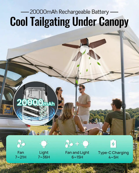 20 Inch Portable Ceiling Fan With Bright Led Light And Remote Control Quiet Cordless Outdoor And Indoor Patio Cooler 20000 Mah Rechargeable Battery in use under canopy at a tailgate.