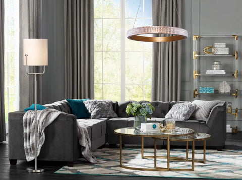 Sleek Dope Modern Gold Circular LED Pendant Light Fixture With Adjustable Chain, 16 Inch Diameter in living room setting